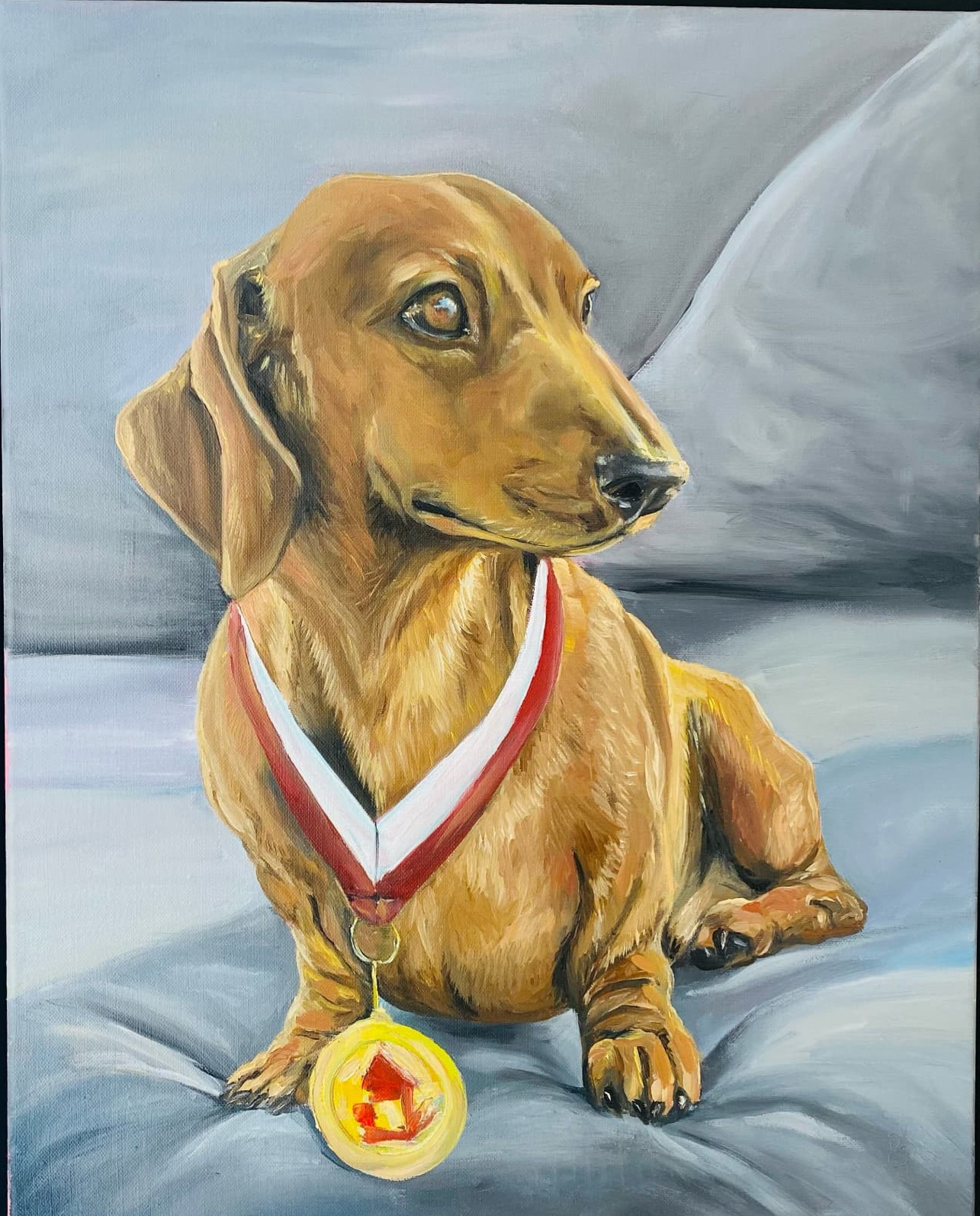 Painting of a red dachshund wearing a medal, sitting on grey cushions