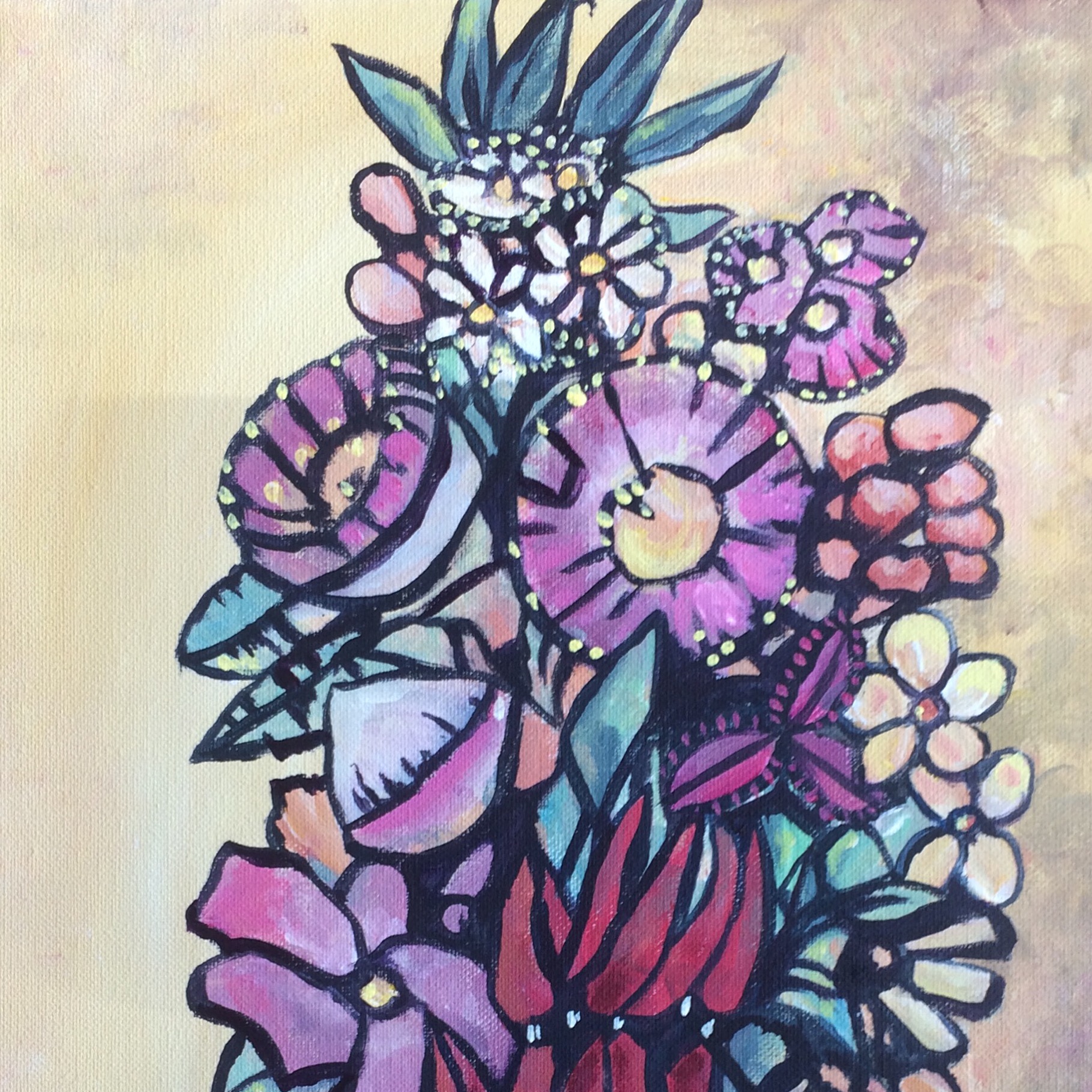 Bold outlined painting of pink and purple wildflowers
