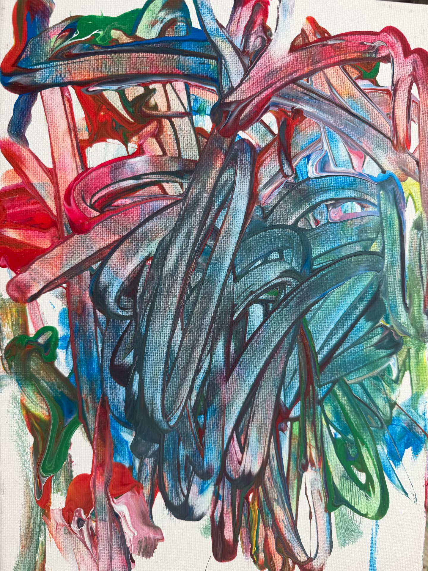 Swirling red, green, blue and pink abstract painting by Robbie