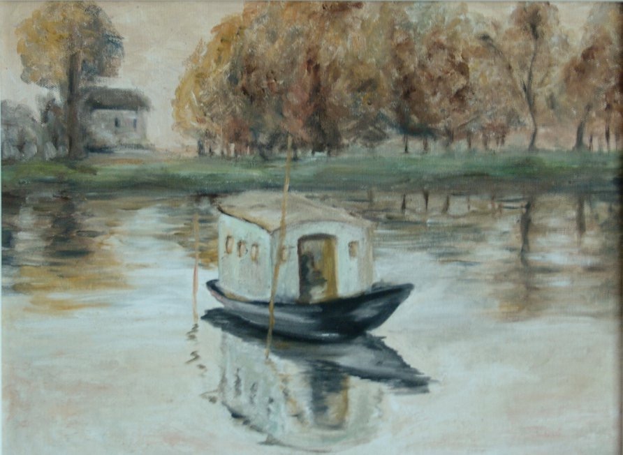 Impressionist oil painting of a small boat on a still autumn river