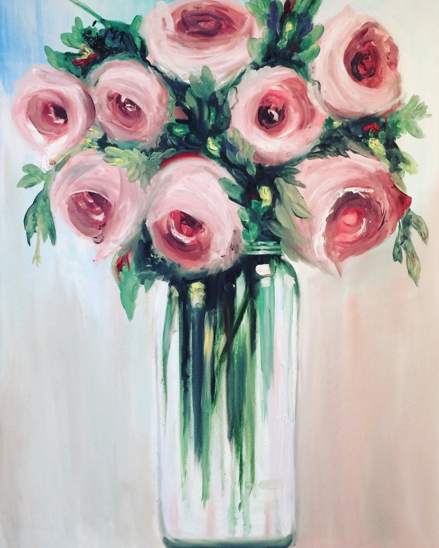 Loose painting of pink roses in a tall glass jar