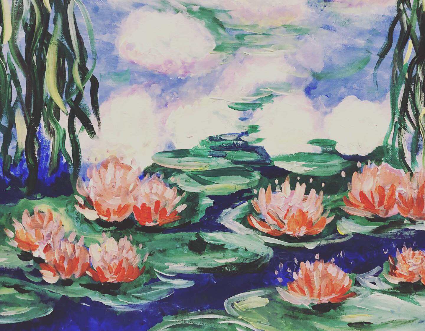 Impressionist painting of water lilies on a pond framed by reeds