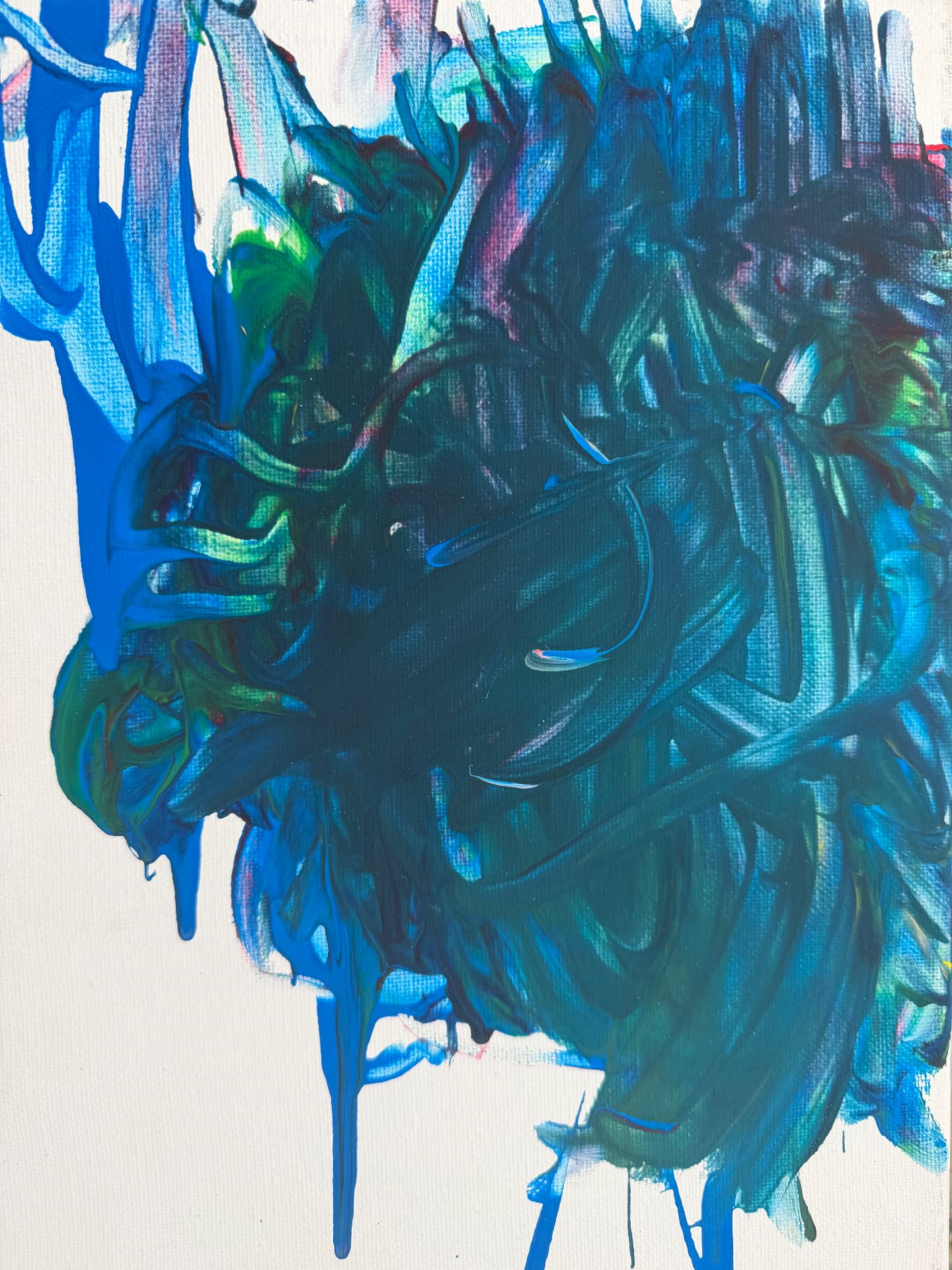 Bold blue and teal abstract painting with drips by Robbie