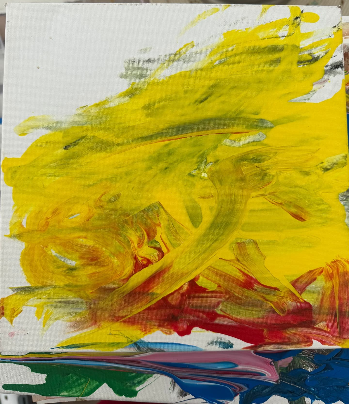 Bright yellow abstract painting by Robbie