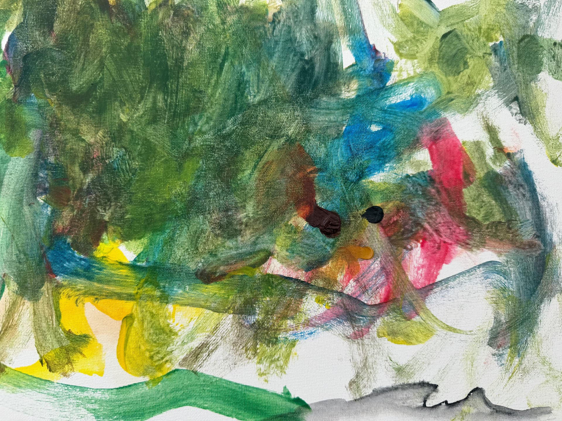 Green, yellow and pink abstract painting by Robbie