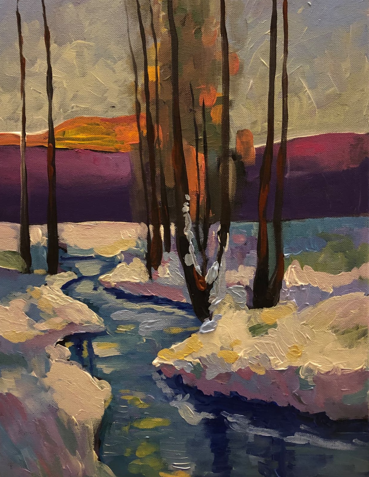 Expressive painting of a creek winding through snow and tall trees at sunset