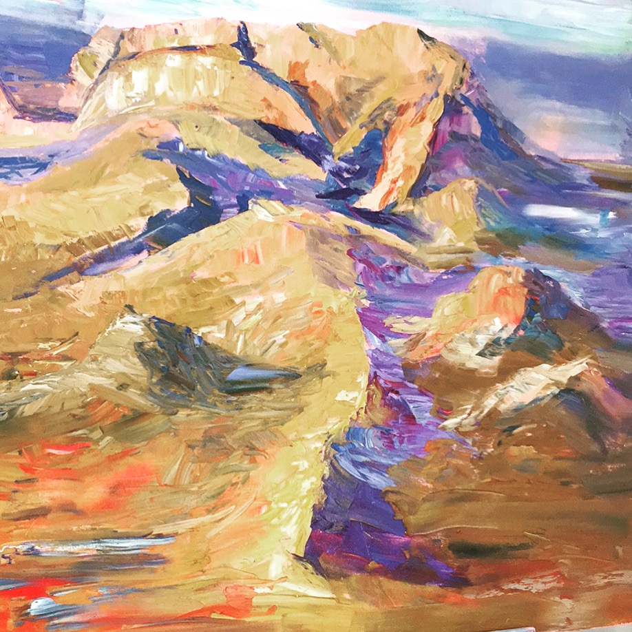 Palette knife painting of ochre ranges with violet shadows