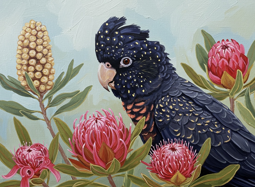 Painting of a black cockatoo among banksia and pink waratah-like blooms