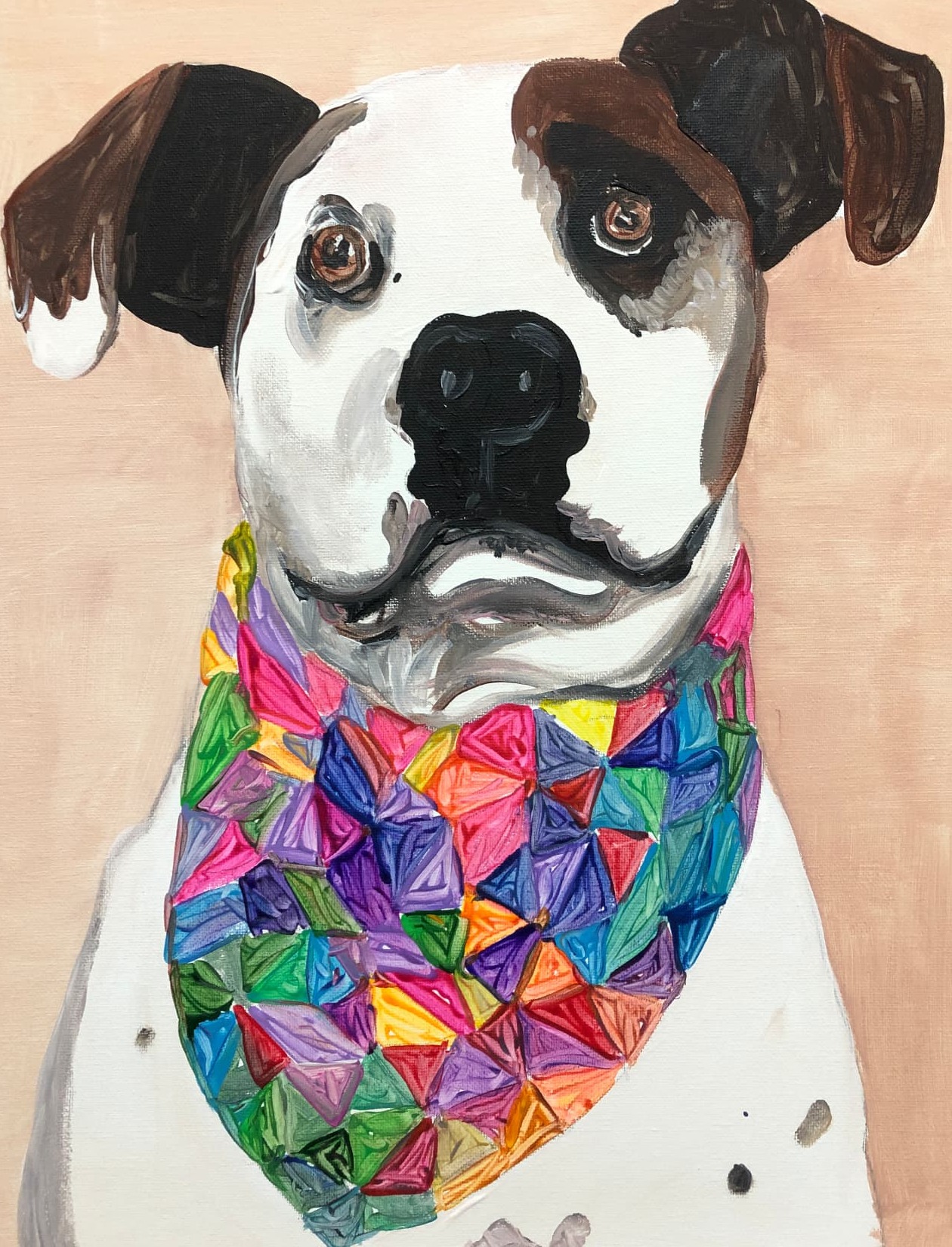 Painting of a white and brown dog wearing a colourful geometric bandana
