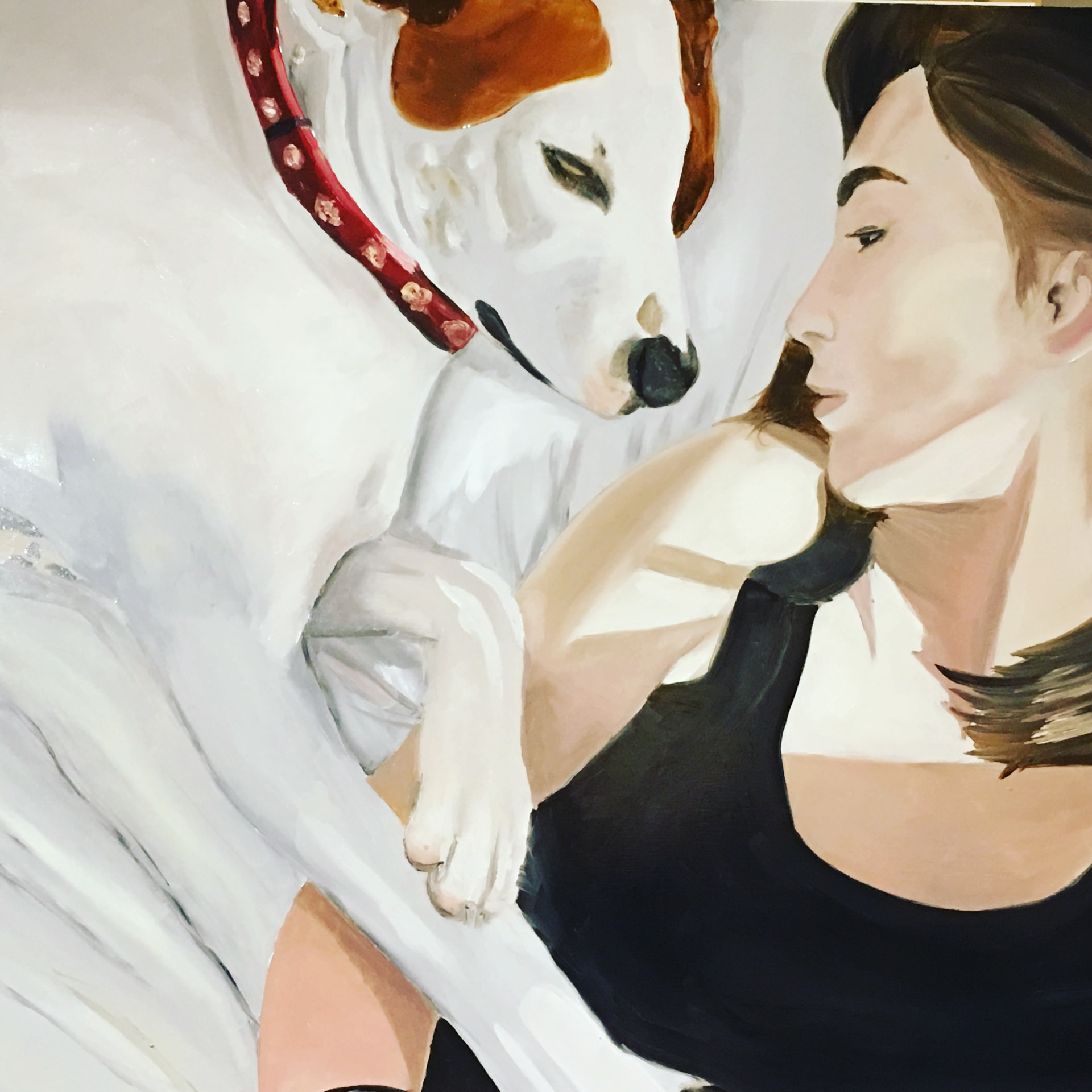 Painting of a woman resting beside her white and tan dog on soft white sheets