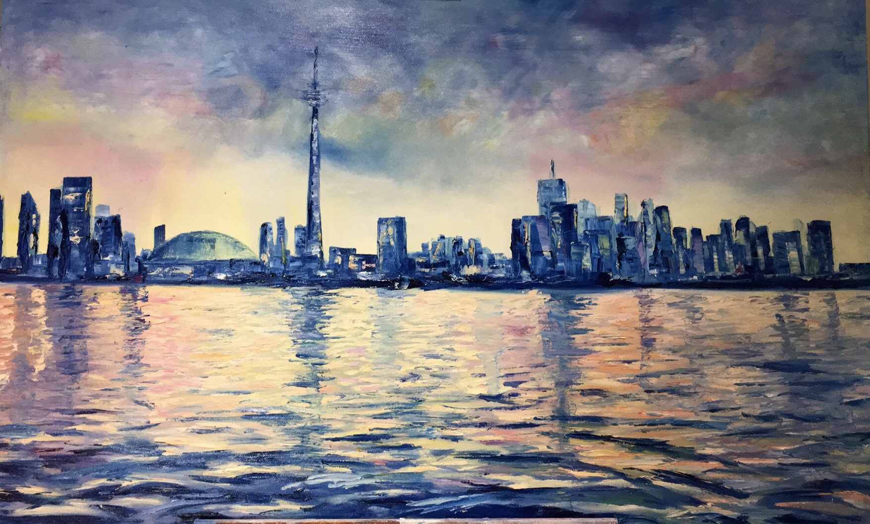 Oil painting of a city skyline reflected in water at sunset