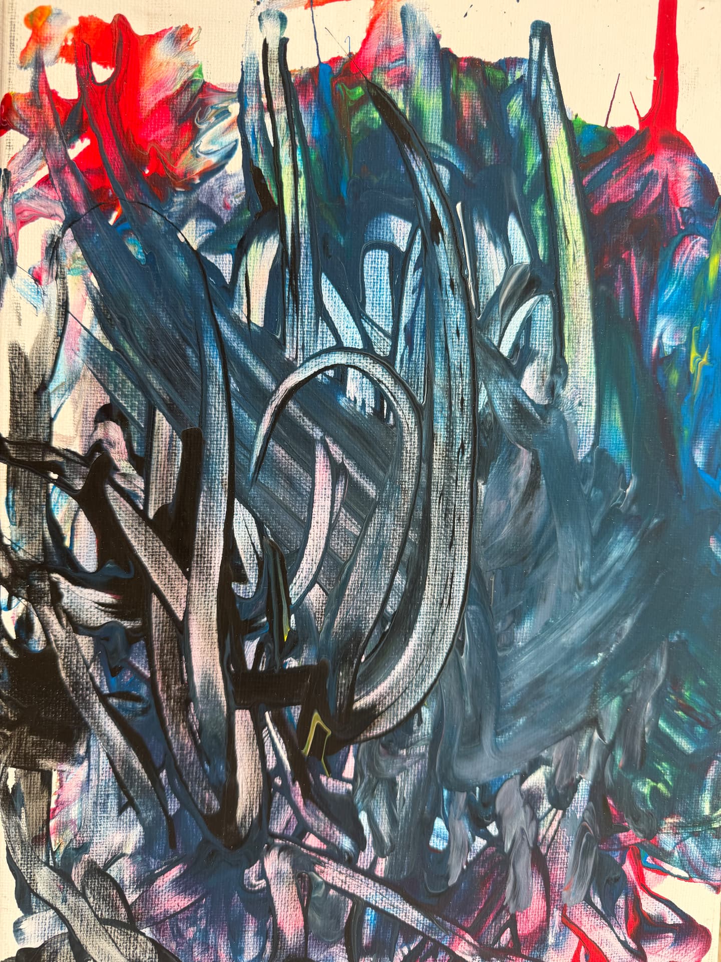 Red, black and blue abstract painting by Robbie